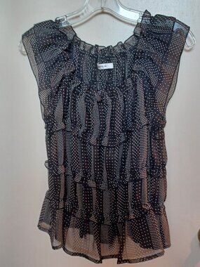 Polka dot sheer tiered ruffles top blouse Black & White Size Small